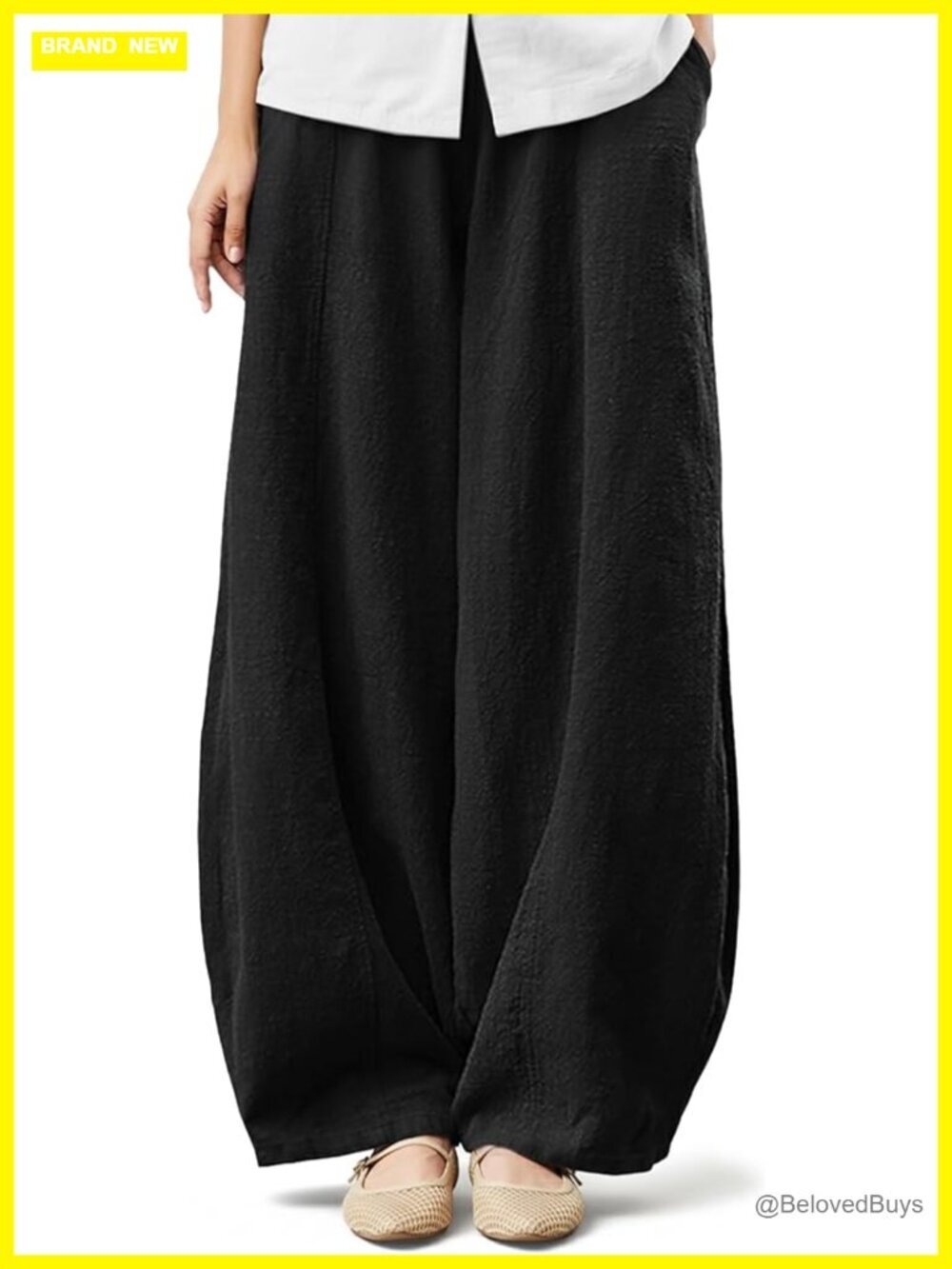 Women's Linen Blend Wide Leg Barrel Pants Elastic Waist Drawstring Palazzo